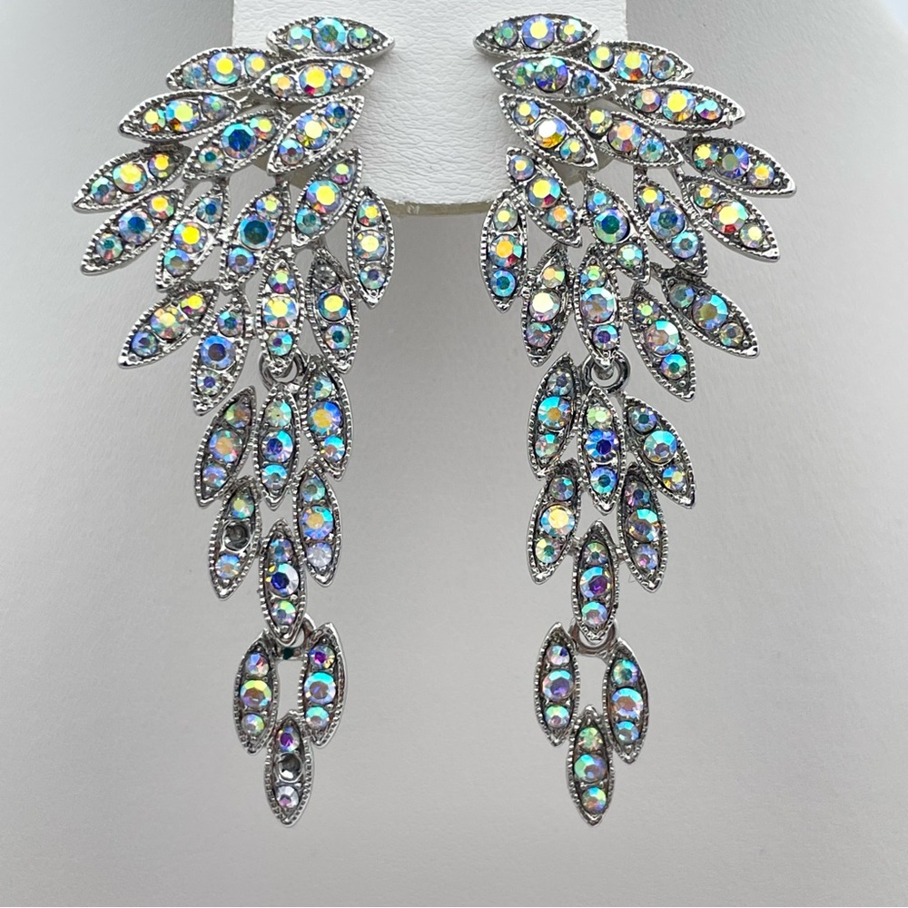 Art Deco Silver Angel Wing Statement Earrings Iridescent Crystal Long Dangle